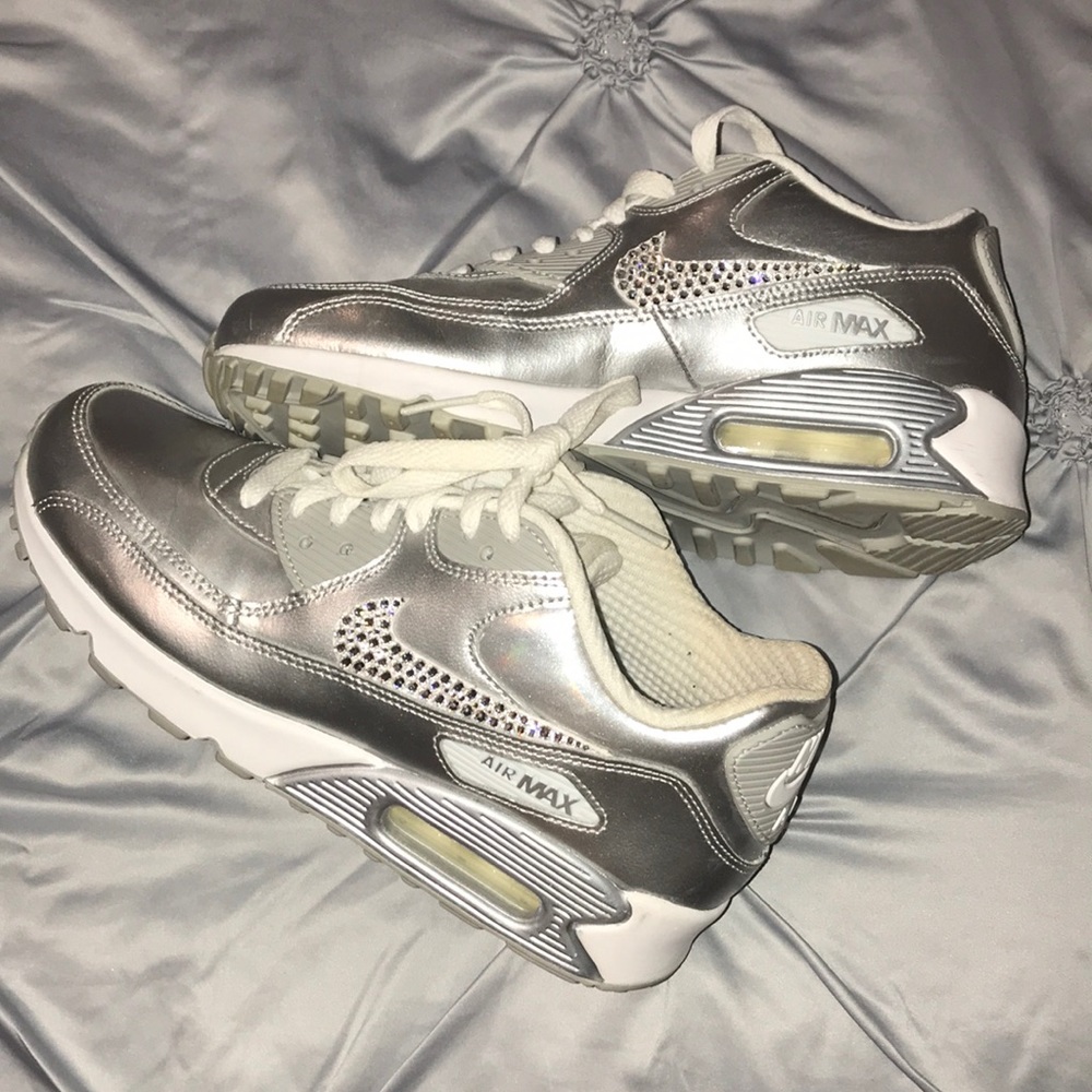 Silver Nike Air Max with bedazzled swooshes size 6